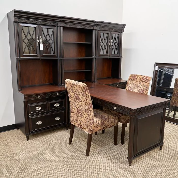 Used 6 Piece Office Wall Unit with Peninsula Desk (Dark Walnut) MIS1837