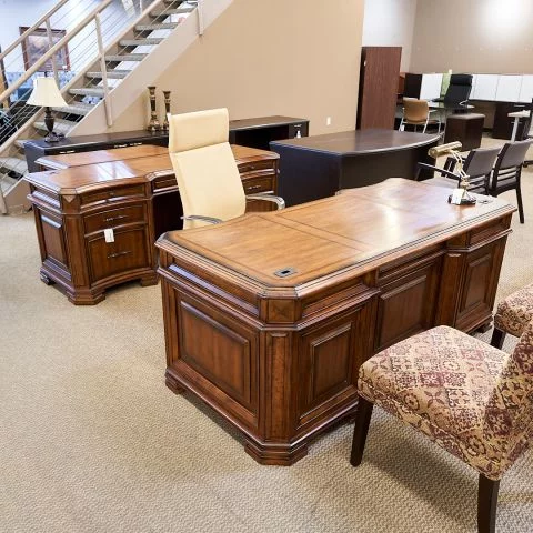 Used Traditional Executive Desk Set with Credenza & File Cabinet (Walnut) DEE1836-003 - Front Angle View