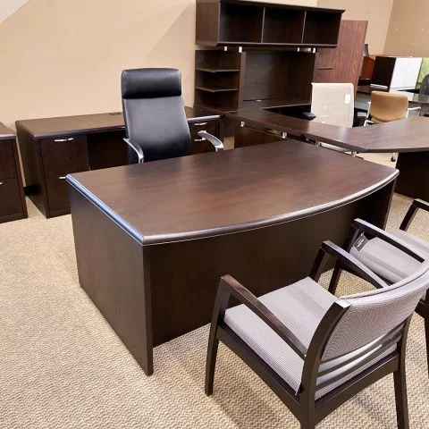 Used National 36x72 Bow Top Executive Desk & 24x72 Credenza Set (Espresso) DEE1838-005 - Front Angle View