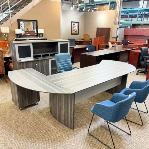 Used Mayline Right Curved L-Shape Desk with Credenza & Overhead Hutch (Grey) DEL1861-002