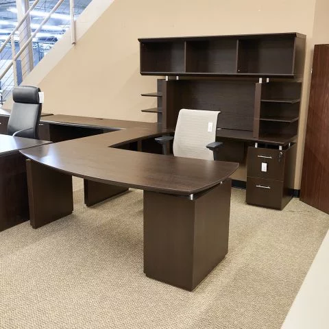 Used Mayline Medina Right U-Shaped Executive Desk with Wall Shelf (Espresso) DEU1838-018 - Angled View