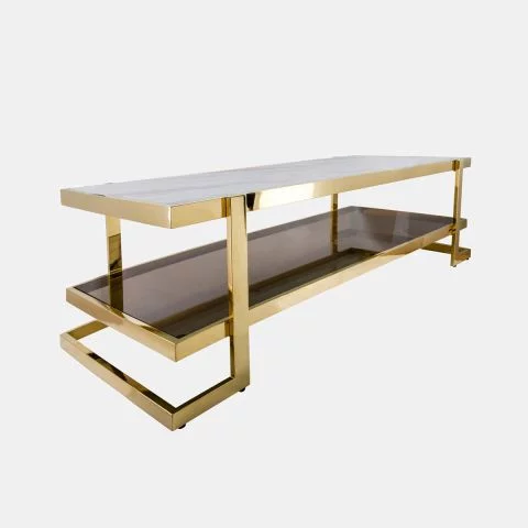Sandlebridge Metal & Marble Glass Coffee Table (Gold & White) - Side Angle