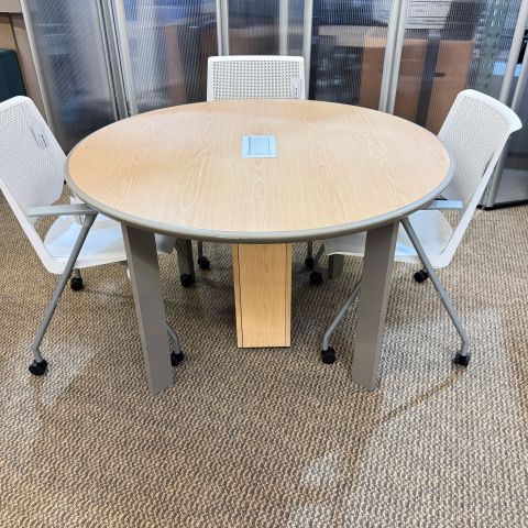 Used Haworth 48" Inch Round Conference Table with Power (Maple & Grey) CTB1882-028