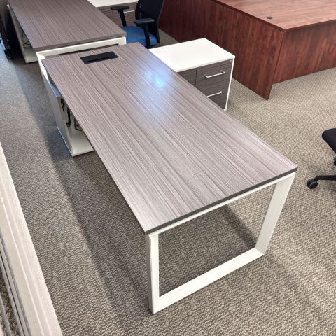 Used 72x30 L-Shape Desk with Low Credenza (Grey & White) DEL1906-003