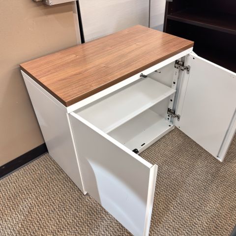 Used Haworth 36" Laminate & Metal 2 Door Storage Cabinet (White & Walnut) STO1904-019