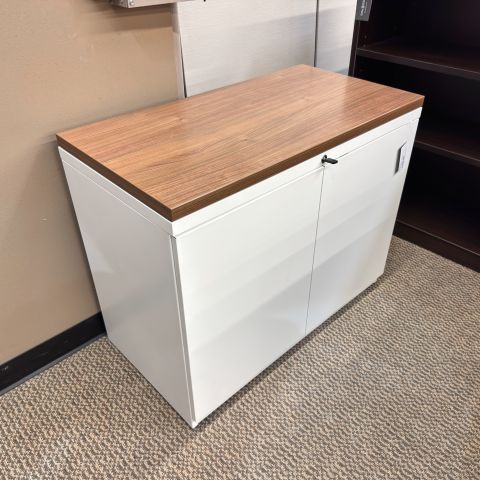 Used Haworth 36" Laminate & Metal 2 Door Storage Cabinet (White & Walnut) STO1904-019