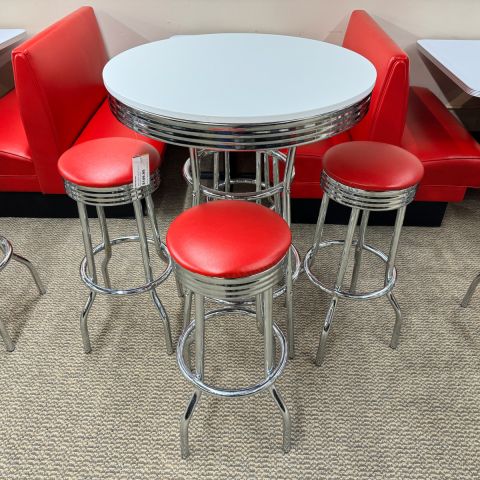 Used Retro Diner Bar Height Table with 4 Stool (Red & White & Chrome) BRK1853-001