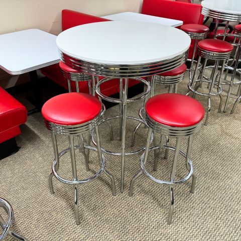 Used Retro Diner Bar Height Table with 4 Stool (Red & White & Chrome) BRK1853-001