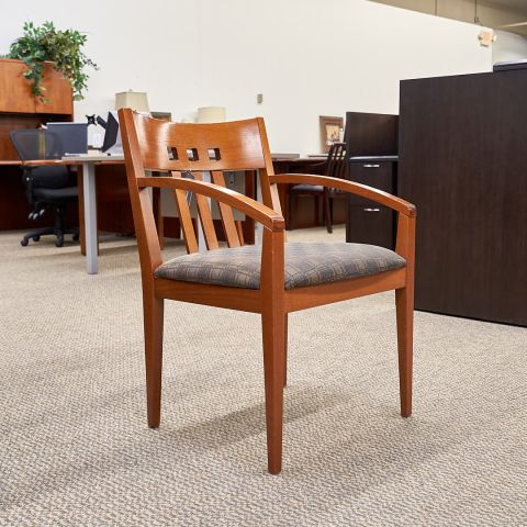 Used Slat Back Guest Side Chair (Light Cherry & Grey Pattern) CHS1803-013 - Angled View