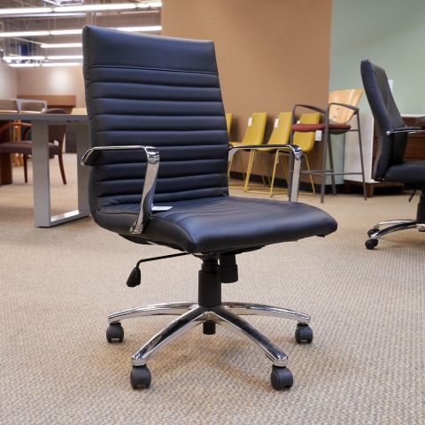 Used OTG Mid Back Ribbed Leather Task Chair (Black & Chrome) CHT1803-003
