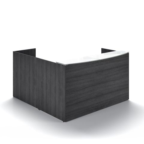 Potenza L-Shaped Reception Desk with Glass Floating Transaction Top - Front View