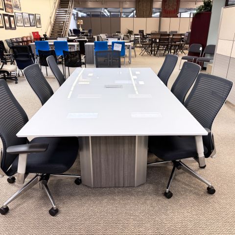 Used 8' Foot Glass Top Powered Conference Table (White) CTB1897-005