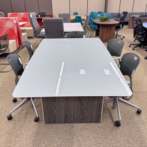Used 7' Half Boat Glass Top Conference Table (White & Grey) CTB1903-002