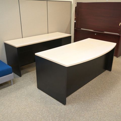 Used 36x72 Laminate Bow Top Desk & Credenza Set (Maple & Black) DEE1773-057