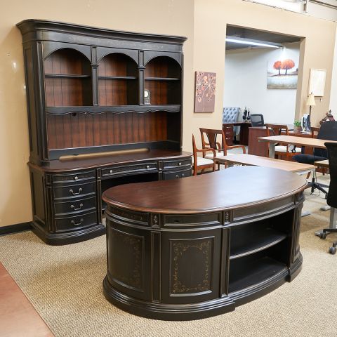 Used Hooker Seven Seas Kidney Bean Desk & Credenza with Hutch DEE1824-001 - Front Angle View