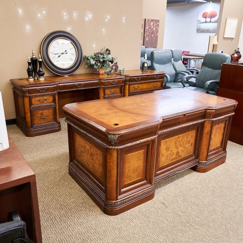 Used Aspen Traditional Desk & Credenza with File Set (Cognac) DEE1837-008 - Front Angle View