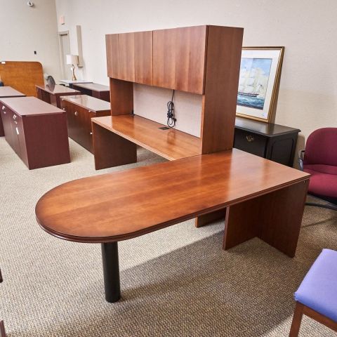 Used 30x70 Left Bullet L-Shape Desk with 72" Return & Hutch (Cherry) DEL1794-024