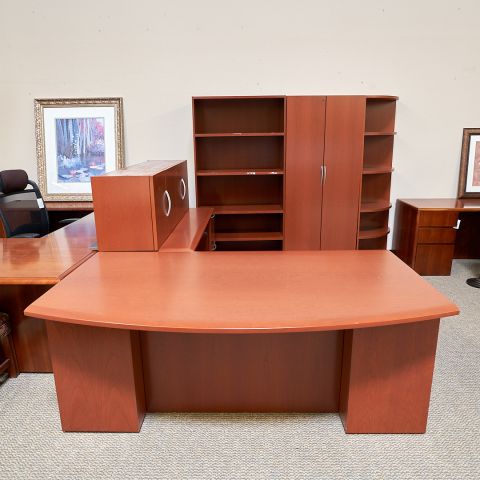 Used Right U-Shape Desk with Over Head, Storage Cabinet & Bookcases (Light Cherry) DEL1833-001