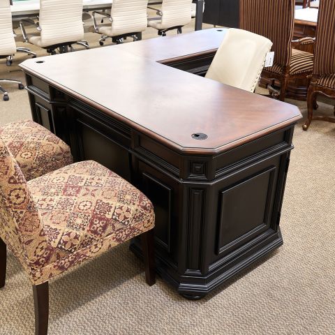 Used Traditional Right L-Shaped Home Office Desk (Dark Walnut & Black) DEL1837-005 - Front Angle View