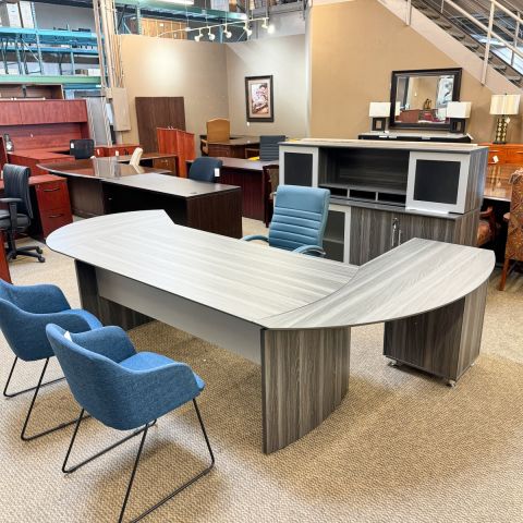 Used Mayline Left Curved L-Shape Desk with Credenza & Overhead Hutch (Grey) DEL1861-001