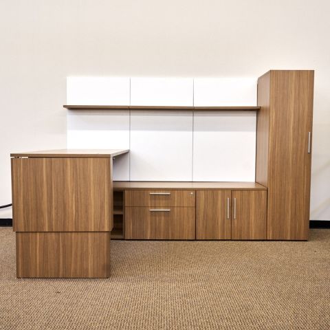 Used 3H Executive L-Shape Sit-to-Stand Desk & Wall Unit (Walnut) DEL9999-1534