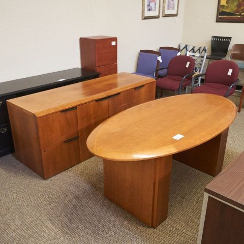 Used 36x72 Oval Table Desk with Credenza (Cherry) DET1711-011
