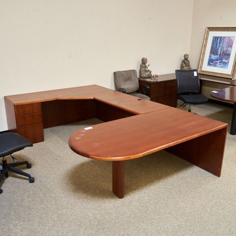 Used Florense Left U-Shape D-Top Desk with Hutch (Cherry) DEU1776-015