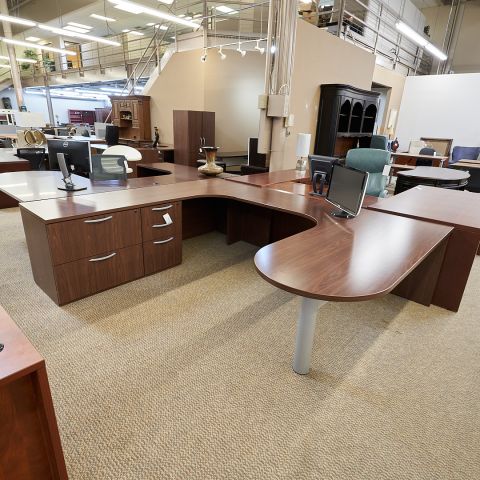 Used Kimball Left L-Shape Bullet Top Desk with Multi-File (Walnut) DEU1823-003 - Front Angle View